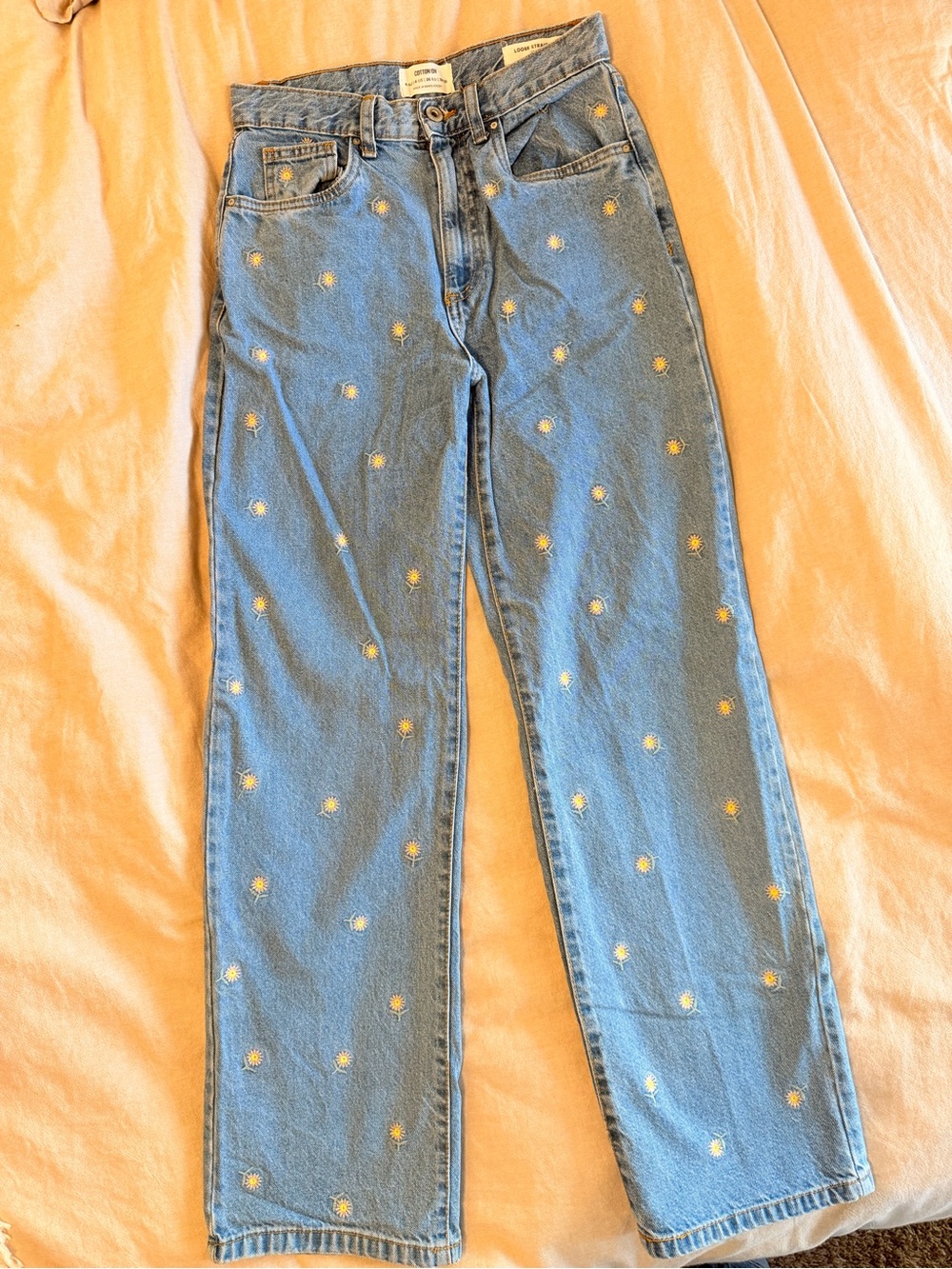 Cotton On Light Blue Straight-Leg Jeans with Yellow Daisy Embroidery